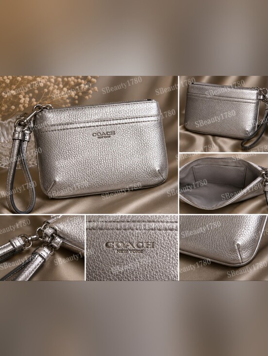 Coach Handbags - COACH Silver Metallic Leather Wristlet Clutch